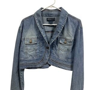Vezucci Medium Wash Denim Cropped One Button Blue Jean Jacket with Pockets Large